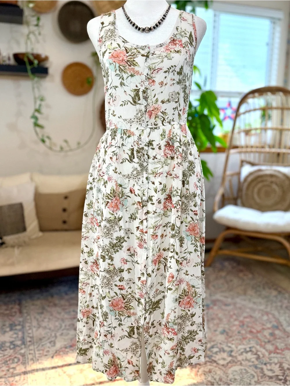 FRYE Dress White Pink Green Floral Sundress Button Front Midi Spring Summer M - Picture 1 of 8